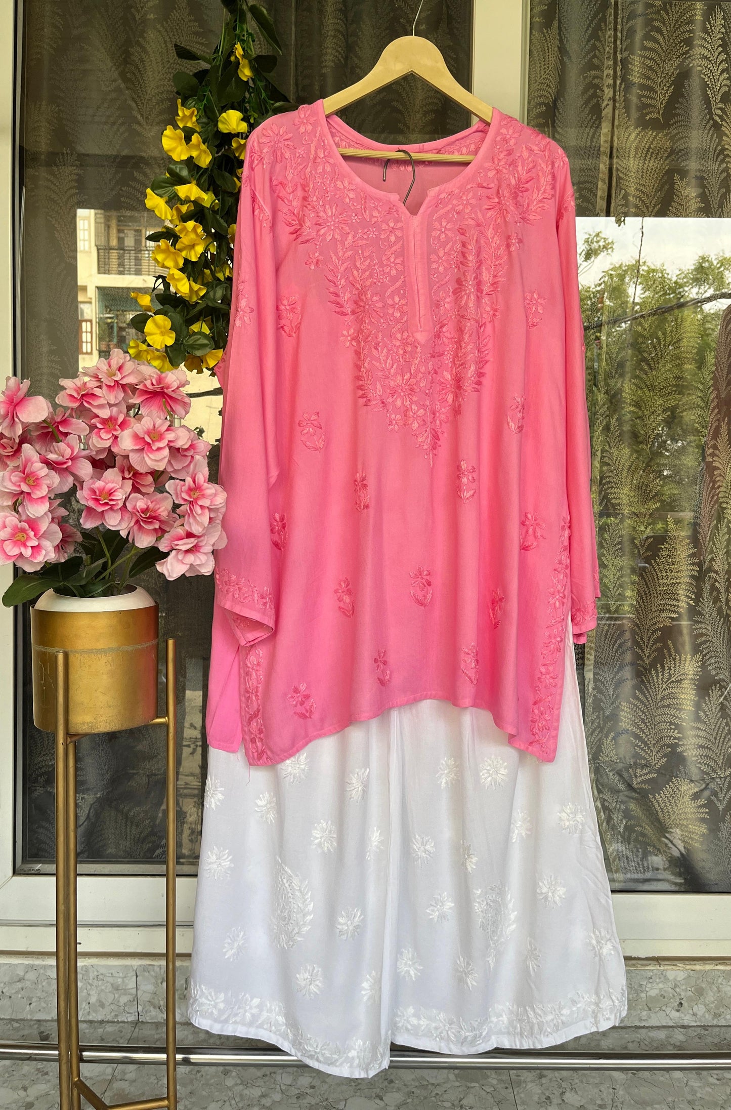 Pink Lucknowi Chikankari Plus Size Premium Rayon Short Kurti & Pallazo Set ✨ (Upto 6 XL)