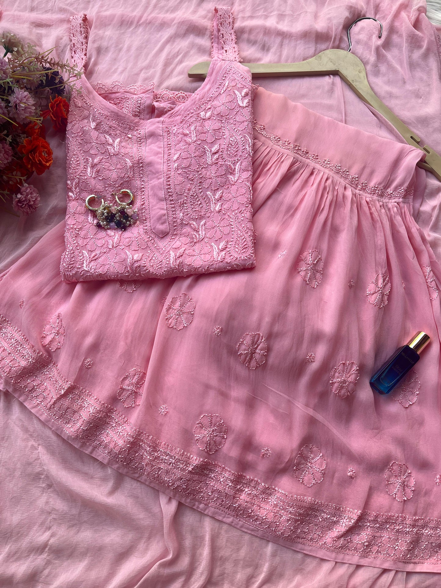 Peach Lucknow Chikankari Resham Work Viscose Short Kurti & Gharara Set with Chiffon Dupatta