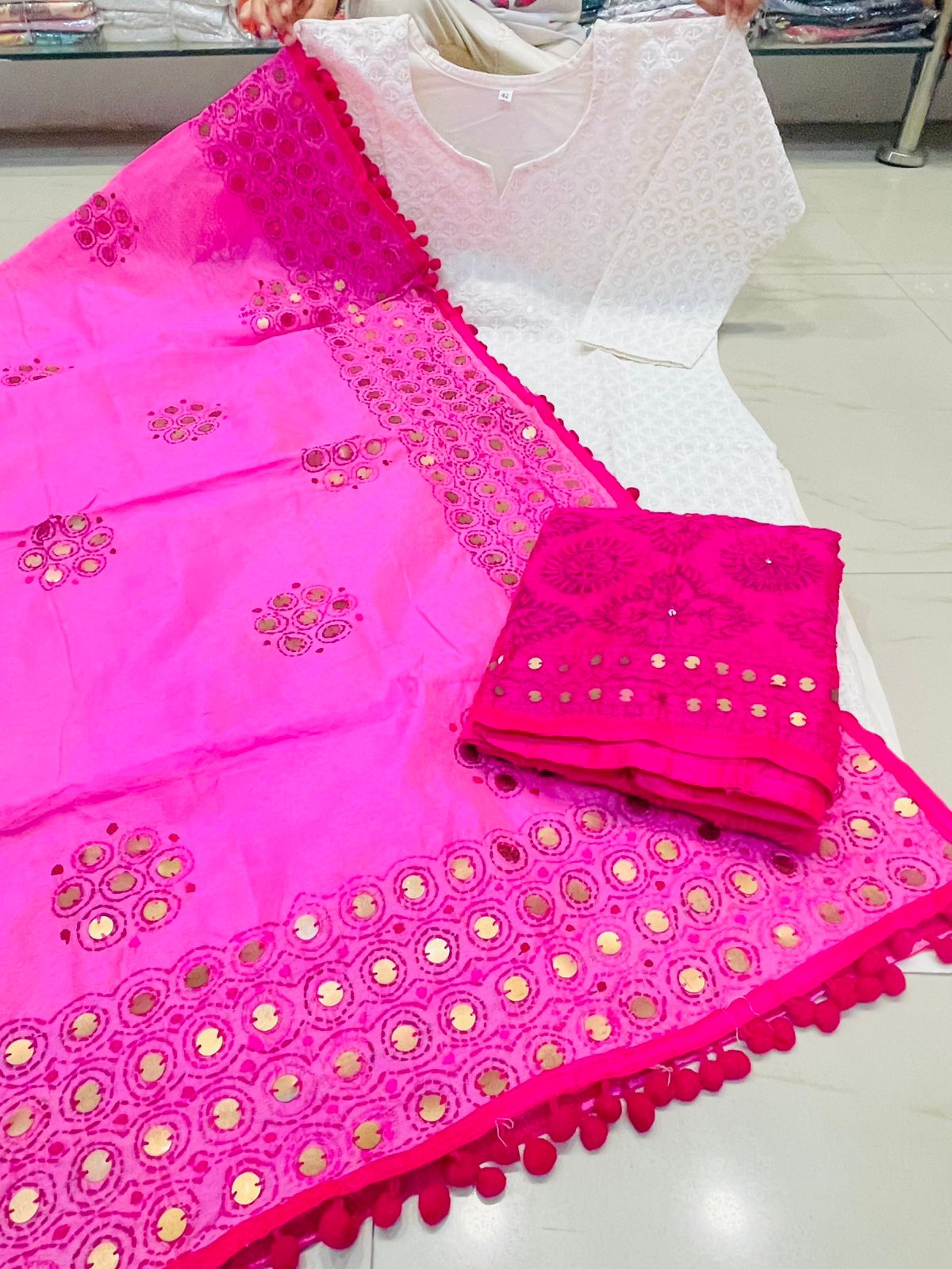 Pink Chikankari Kurti Plazo Set with Golden Mirror Phulkari Dupatta Plus Sizes