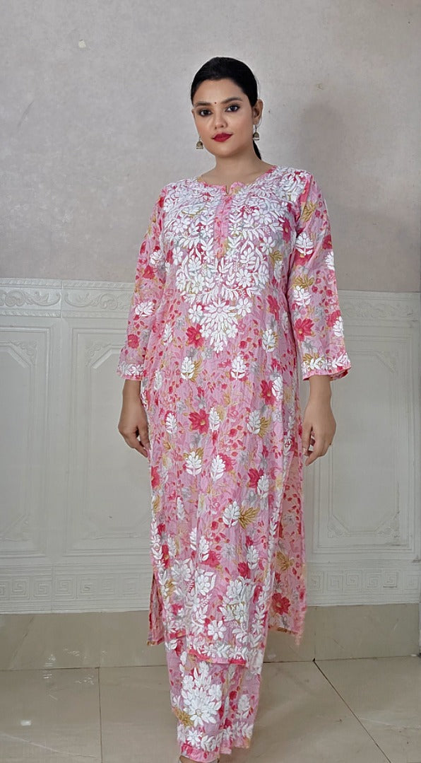 Pink Plus Size Mulmul Printed Lucknowi Chikankari Kurta Set - Up to 5XL