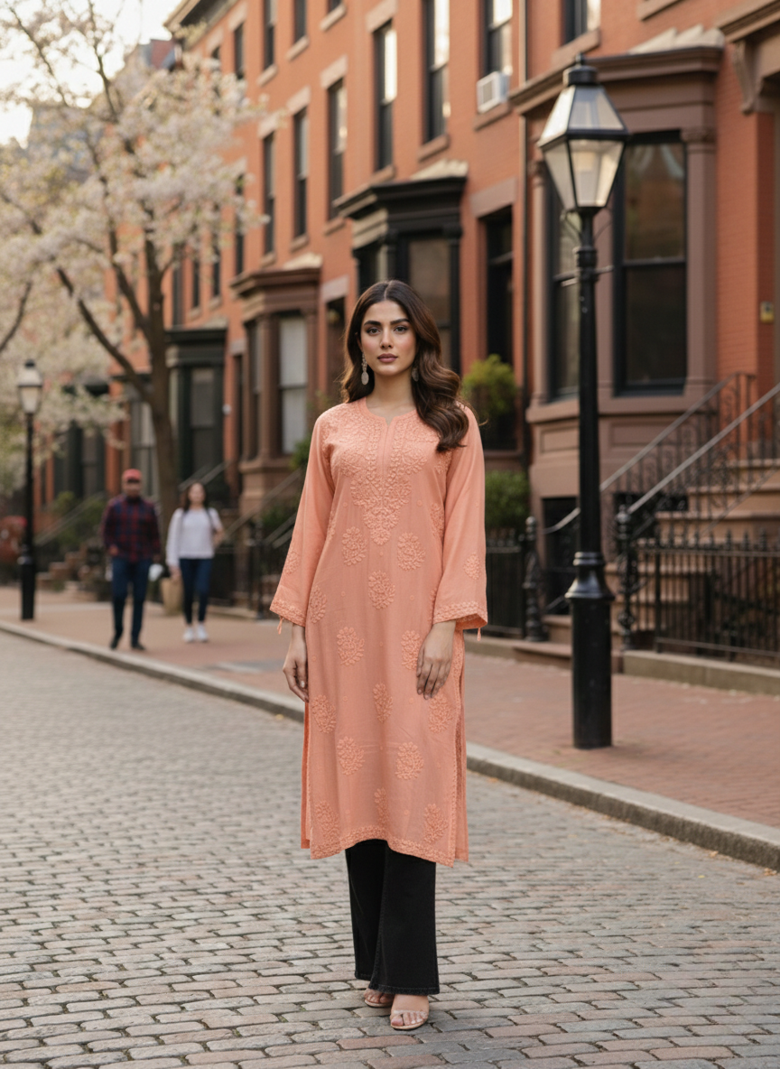 Peach 3D Handcrafted Viscose Chikankari Kurti