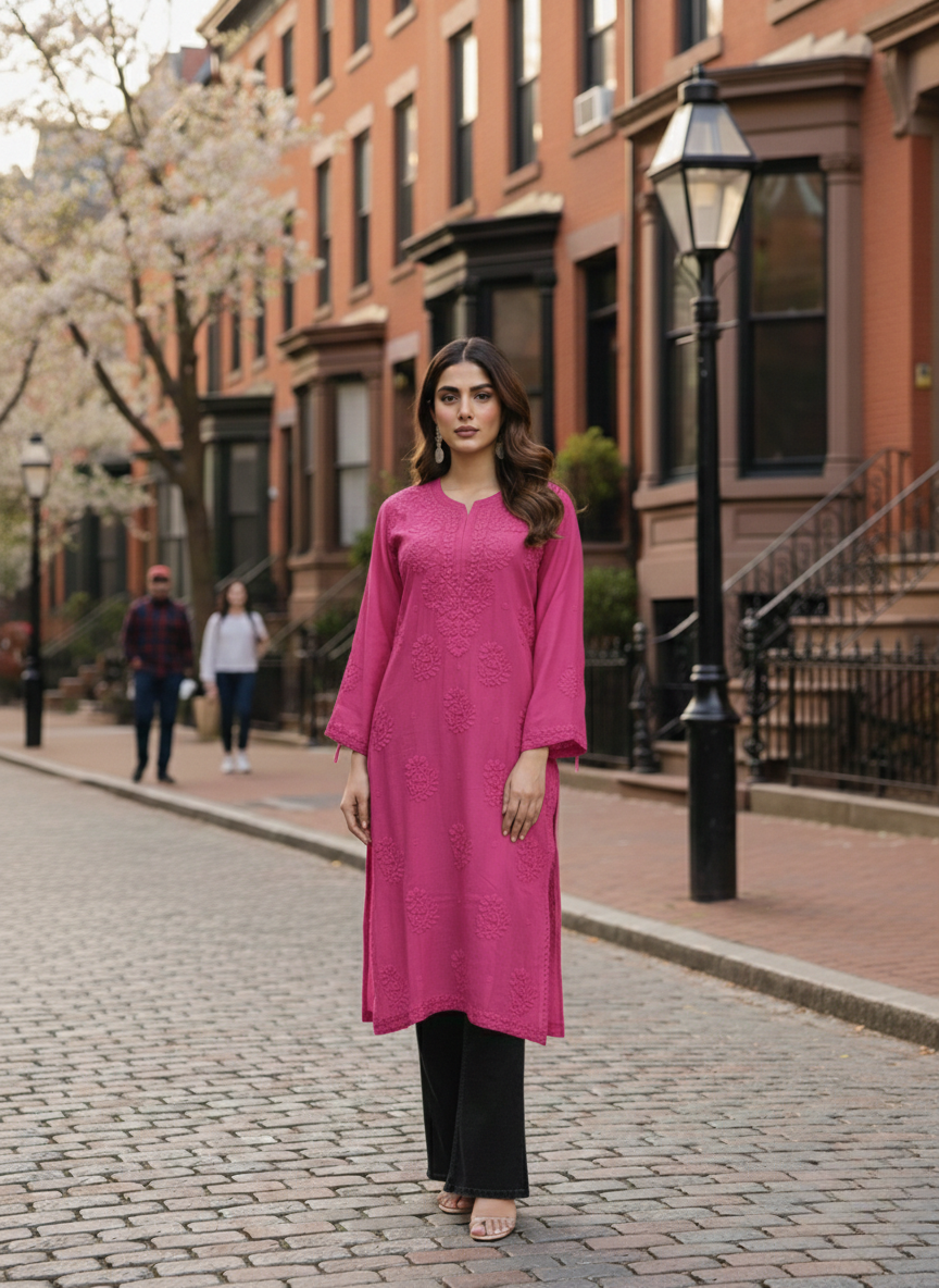 Fuchsia Pink Handcrafted Viscose Chikankari Kurti