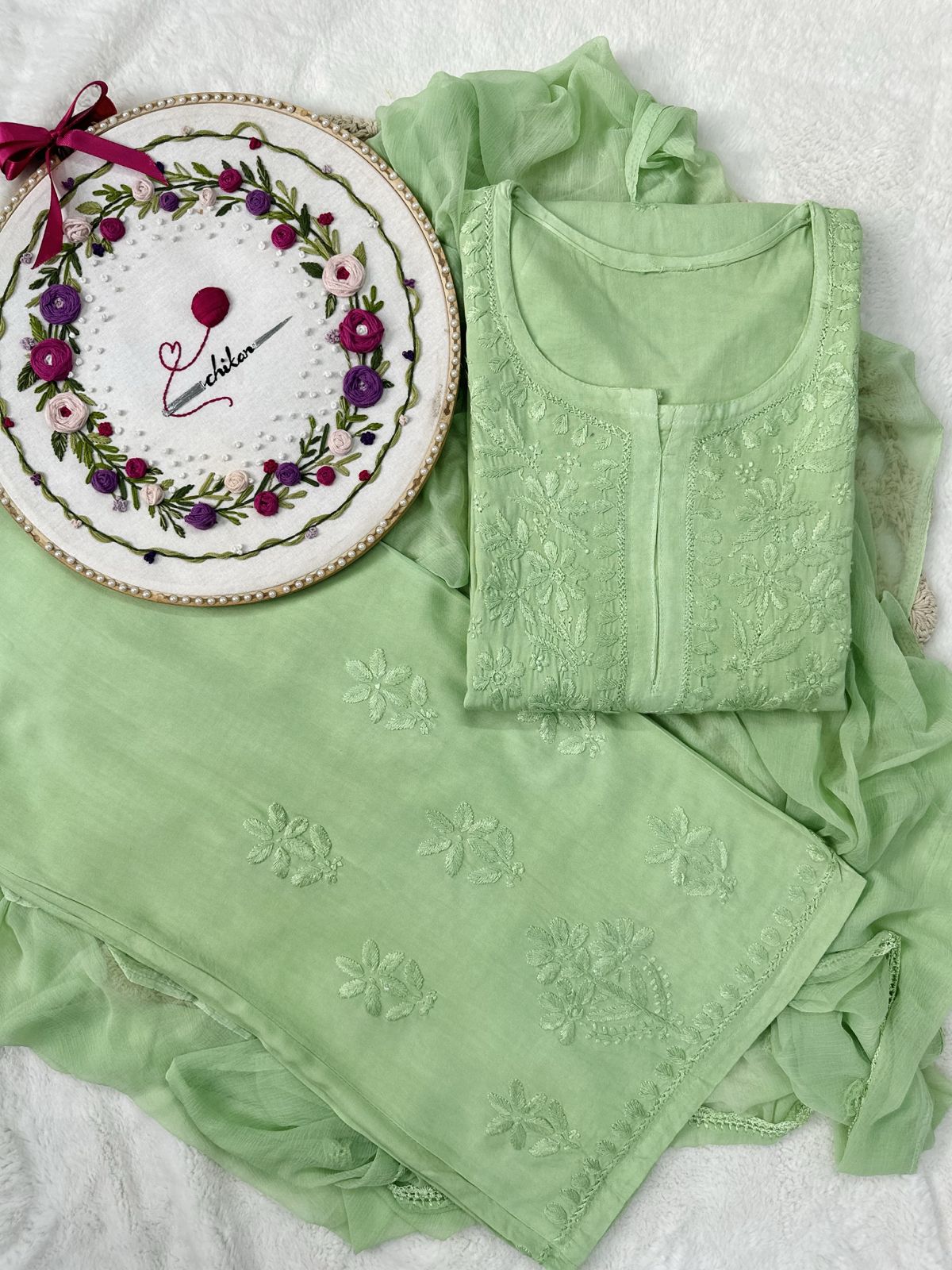 Pista Green Handcrafted Lucknowi Chikankari Style Rayon Kurti Set