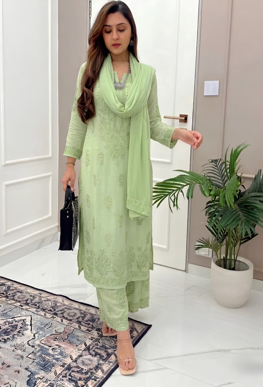 Pistachio Green Ethereal Dyeable Modal Chikankari Kurta Set New Color