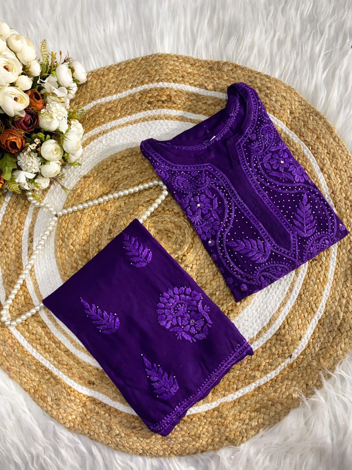 Premium Chikankari Cord Set in purple folded detail view