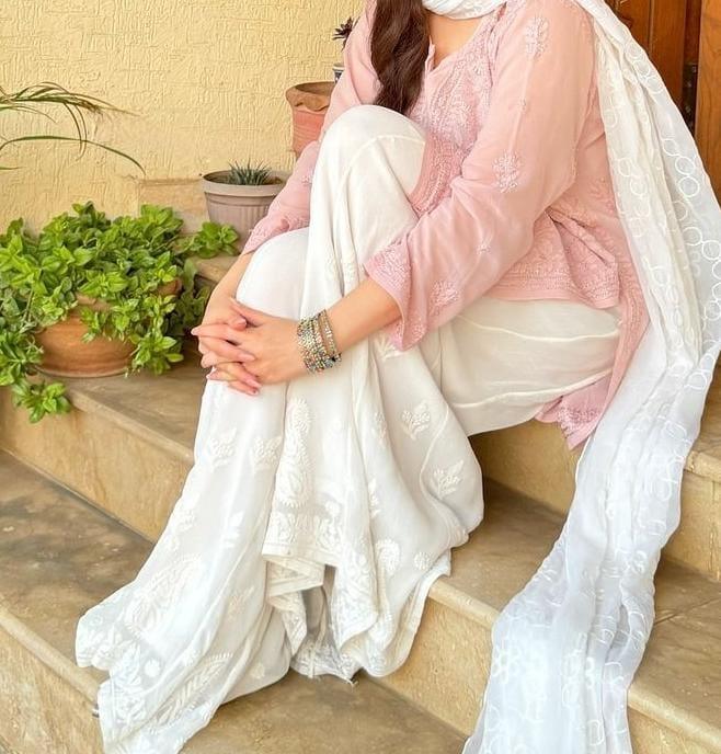 Premium Viscose Lucknow Chikankari Kurti Sharara Dupatta Set - Inayakhan Shop