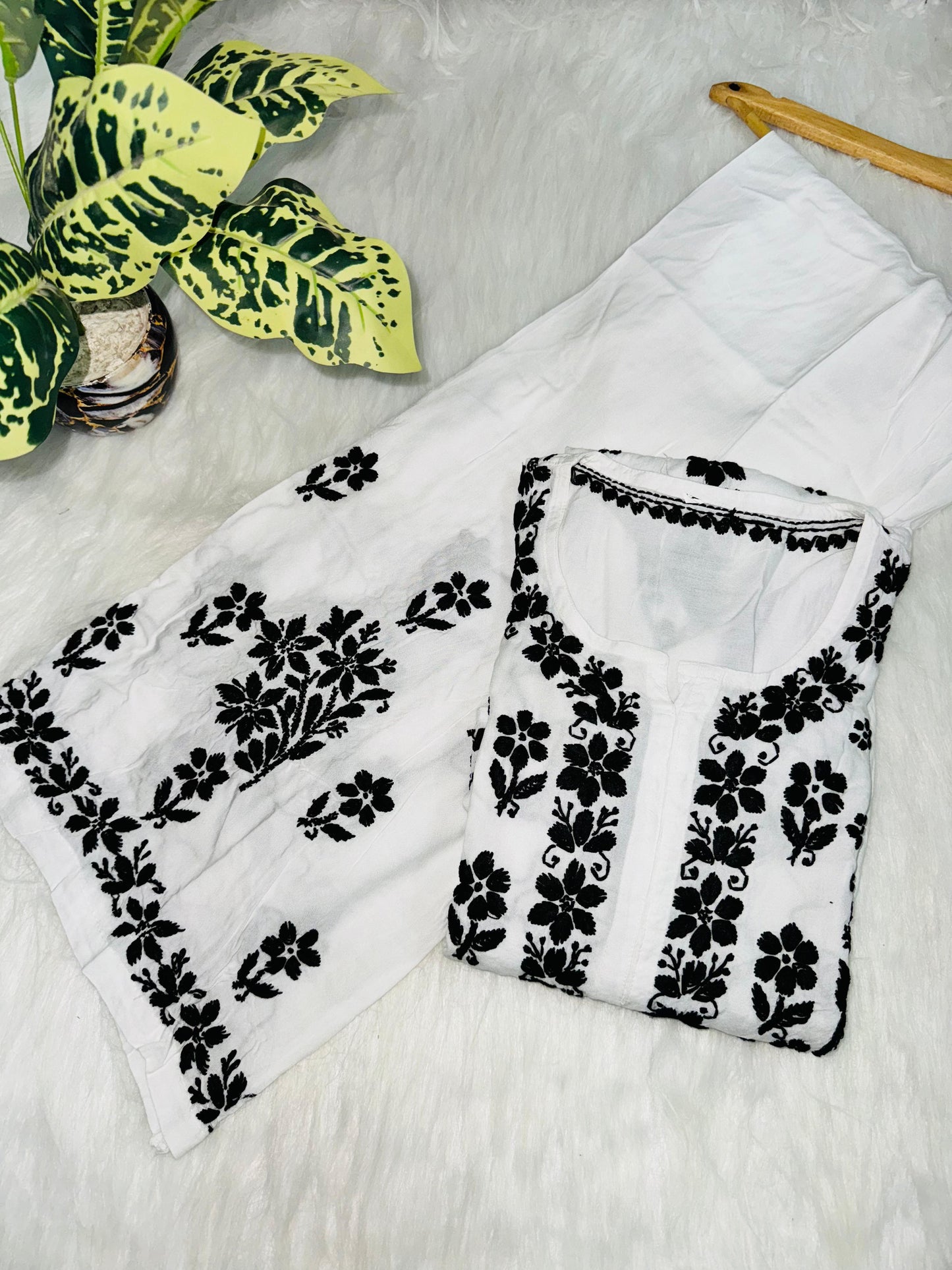 Premium White Rayon Kurti with Black Lucknow Chikankari Handwork and Pallazo Set - Inayakhan Shop