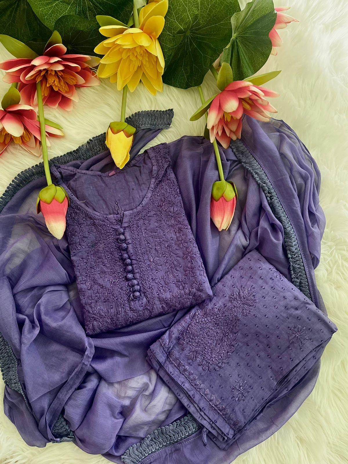 Purple Lucknow Chikankari Hand Work Dobby Cotton Tone-to-Tone 3-Piece Co-ord Palazzo Set with Chiffon Dupatta - Inayakhan Shop