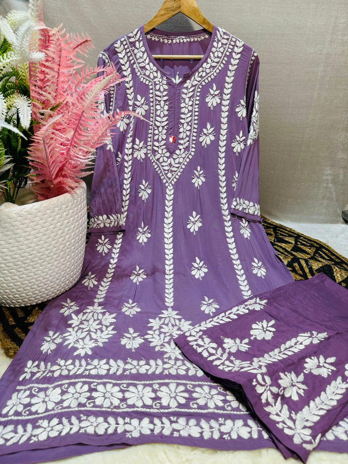 Purple Lucknowi Chikankari Premium Heavy Designer Modal Palazzo Set - Inayakhan Shop