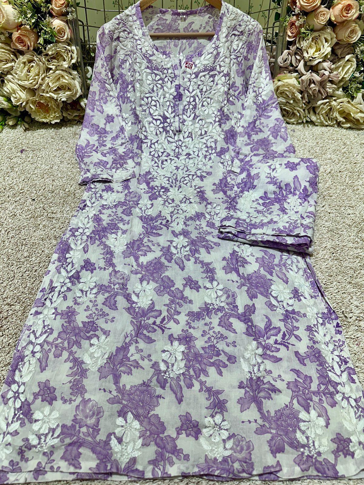 Purple Premium Floral Print Mulmul Palazzo Set with Lucknow Chikankari - Inayakhan Shop