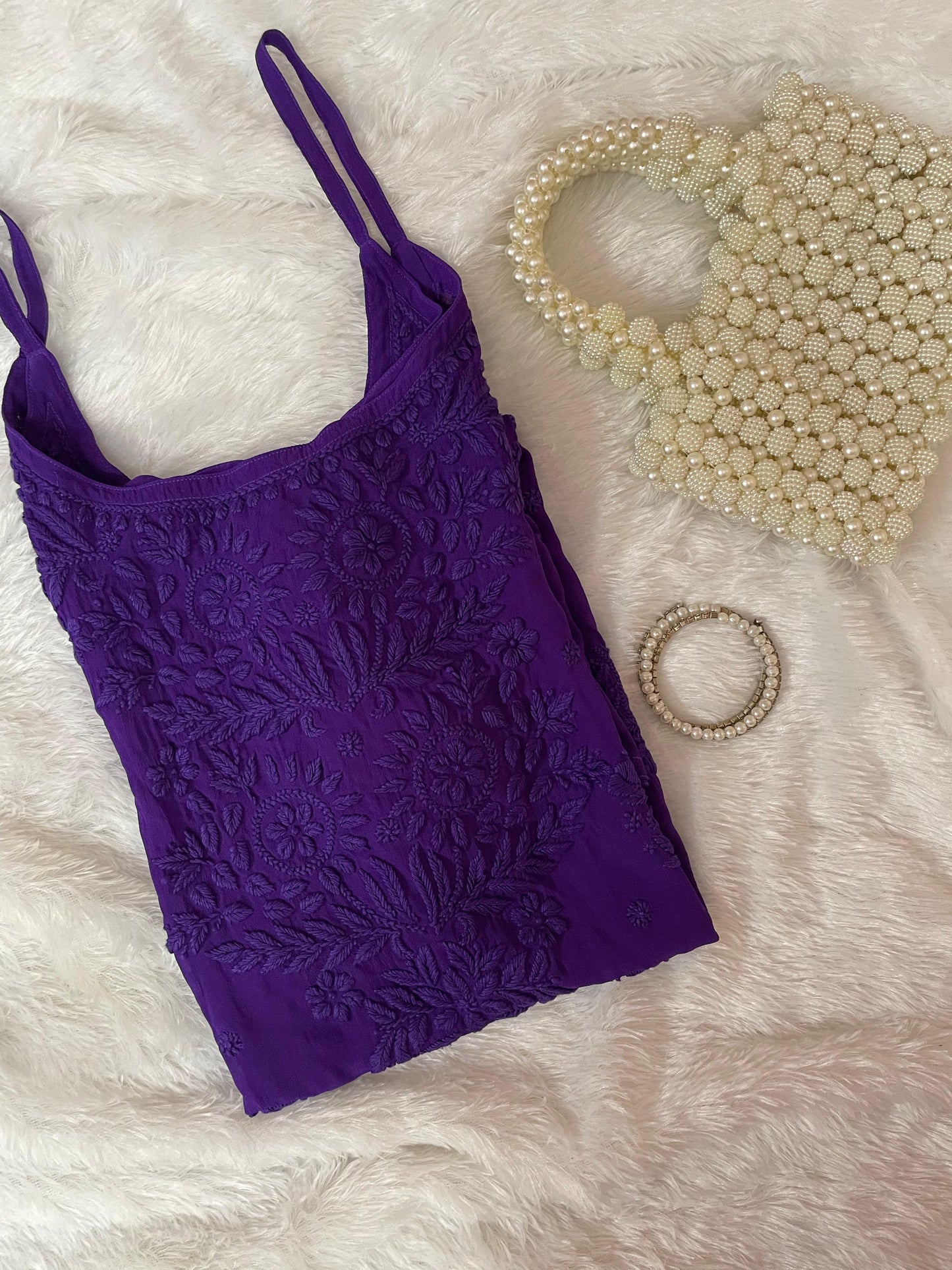 Purple Premium Noodle Strap Viscose Handwork Lucknow Chikankari Kurti - Inayakhan Shop