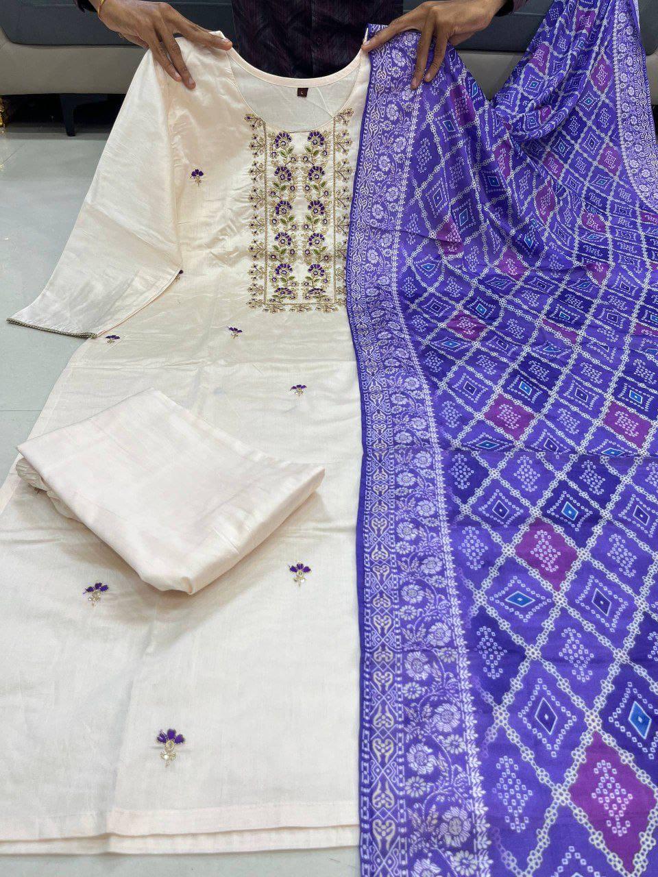 Embroidered Silk Salwar Suit with Pink & Purple Banarasi Bandhej Dupatta