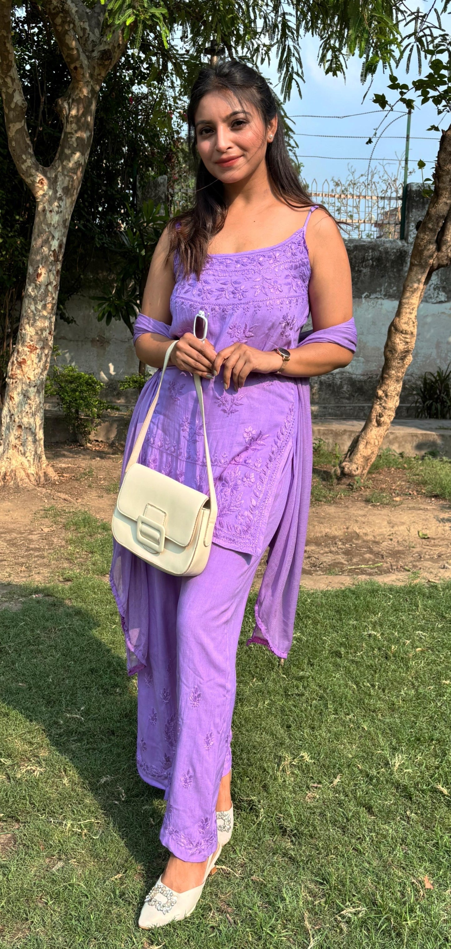 Lavendar Handcrafted Lucknow Chikankari Noodle Strap Kurti with Plazo & Dupatta Set