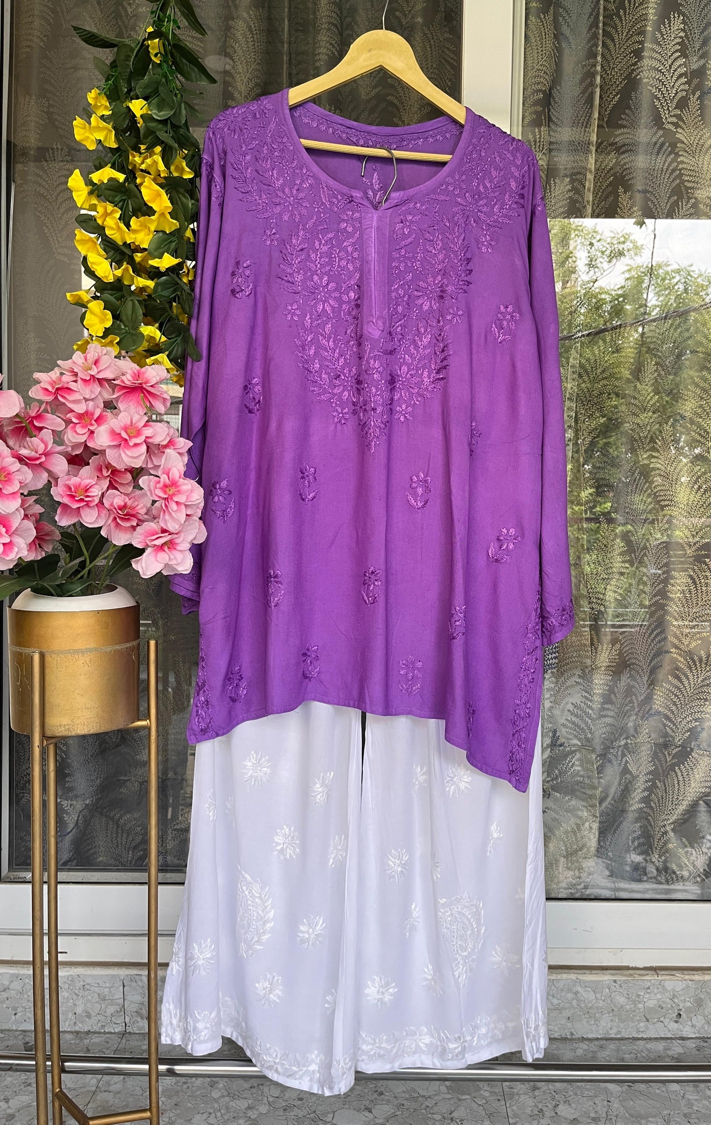 Purple Lucknowi Chikankari Plus Size Premium Rayon Short Kurti & Pallazo Set ✨ (Upto 6 XL)