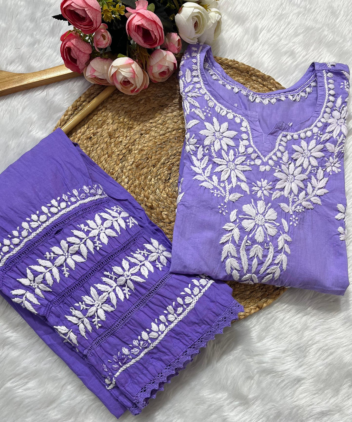 Purple Mul Mul Cotton Chikankari Cord Set – Plus Size up to 56 | Lightweight Luxe Co-Ord Set