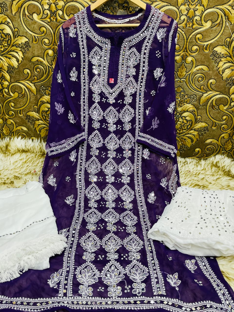 Deep Purple Handcrafted Lucknow Chikankari Mirror Sharara Set