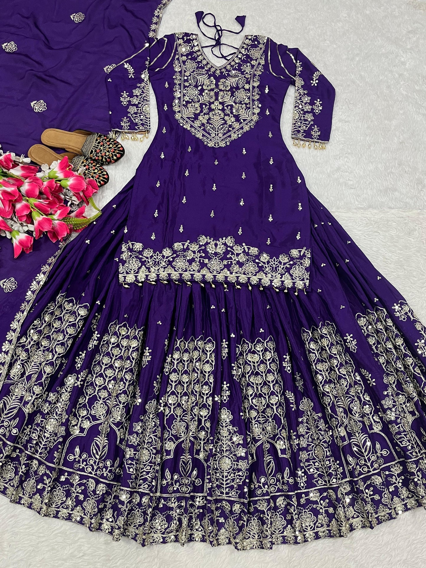 Purple Embroidered Chinon Silk Lehenga Choli Set | Fully Stitched