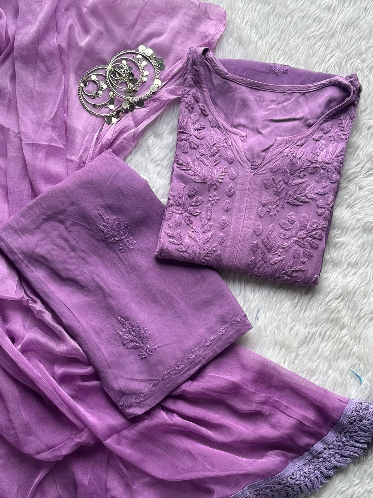 Purple Ombre Elegance: Handcrafted Lucknowi Chikankari Rayon 3-Piece Set with Dupatta