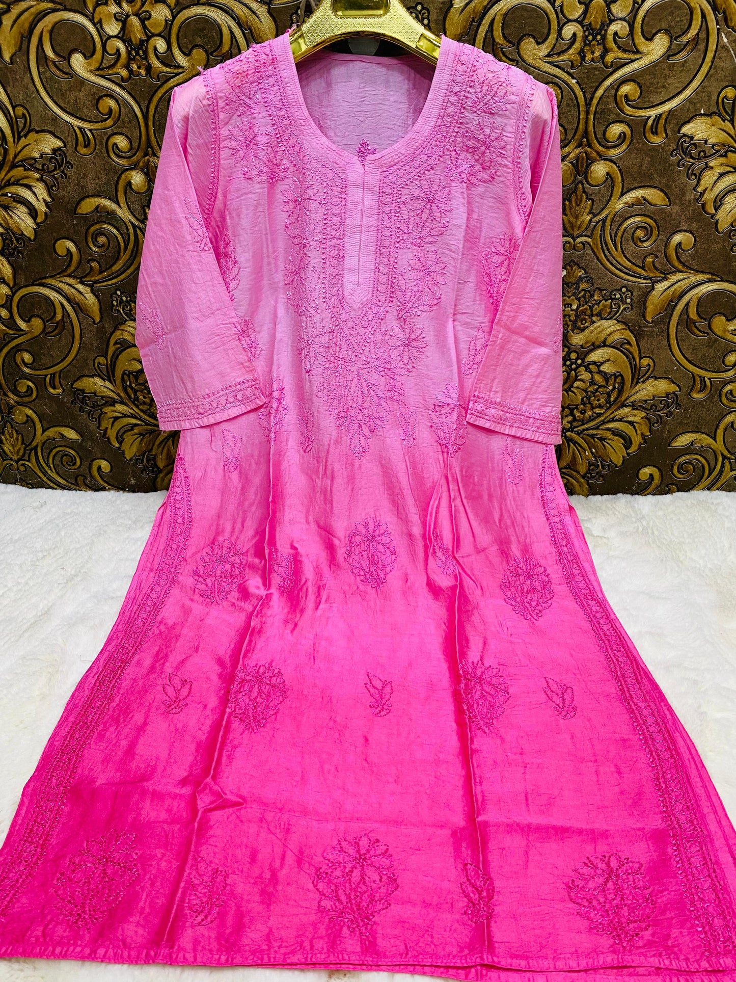 Rani Pink Lucknowi Chikankari Beautiful Premium Chanderi Resham Work Kurti - Inayakhan Shop