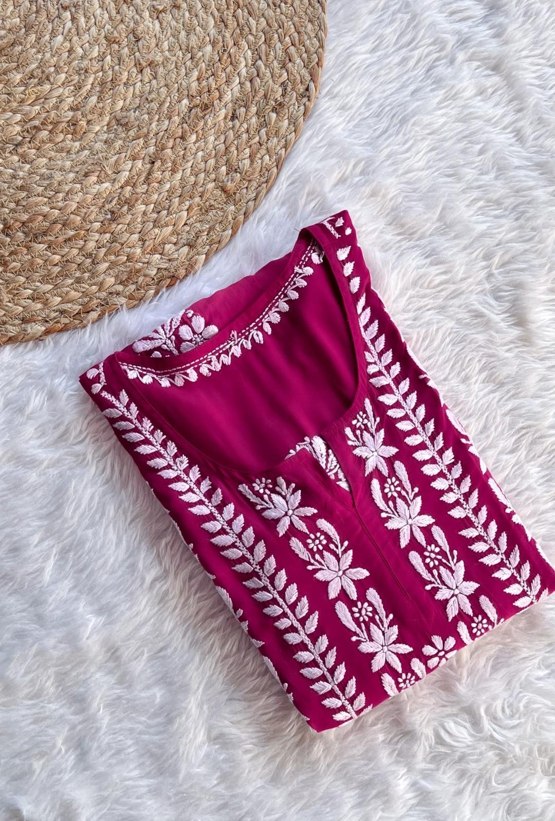 Rani Pink Party Wear Long Modal Heavy Chikankari Handwork A-Line Gown - Inayakhan Shop