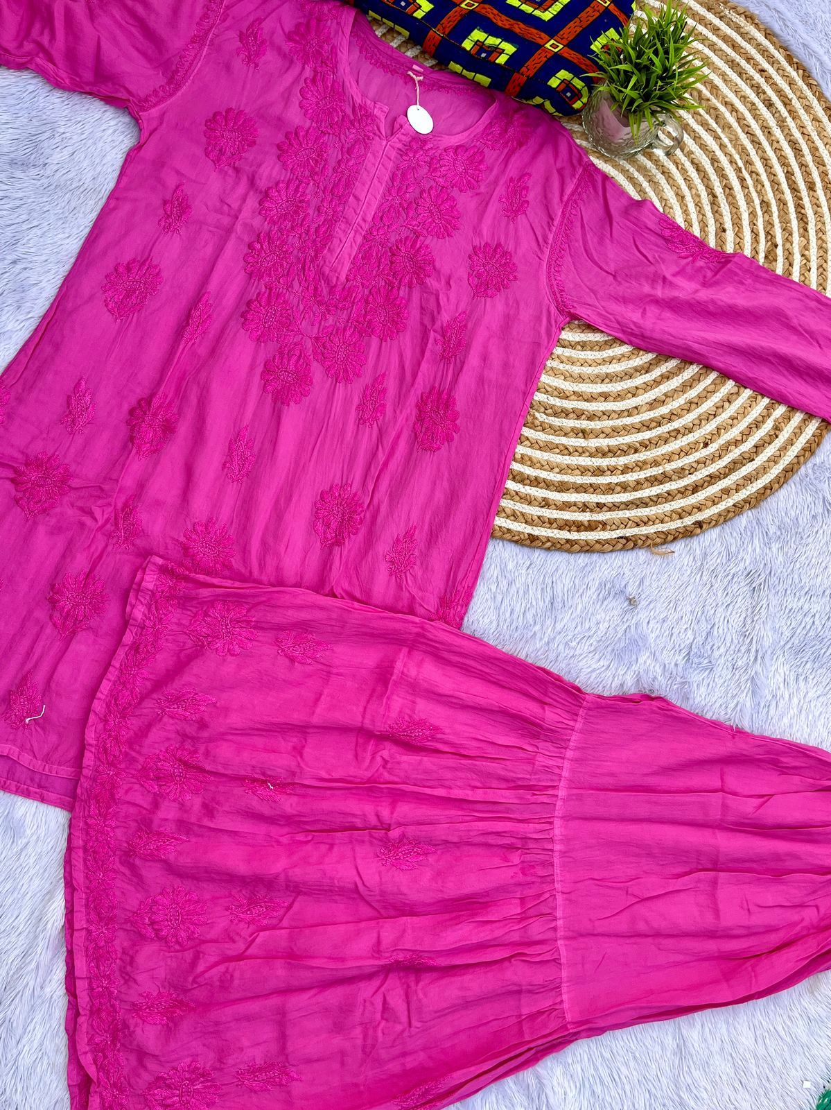 Rani Pink 3D Work Modal Gharara Set | Lucknow Chikankari Kurta