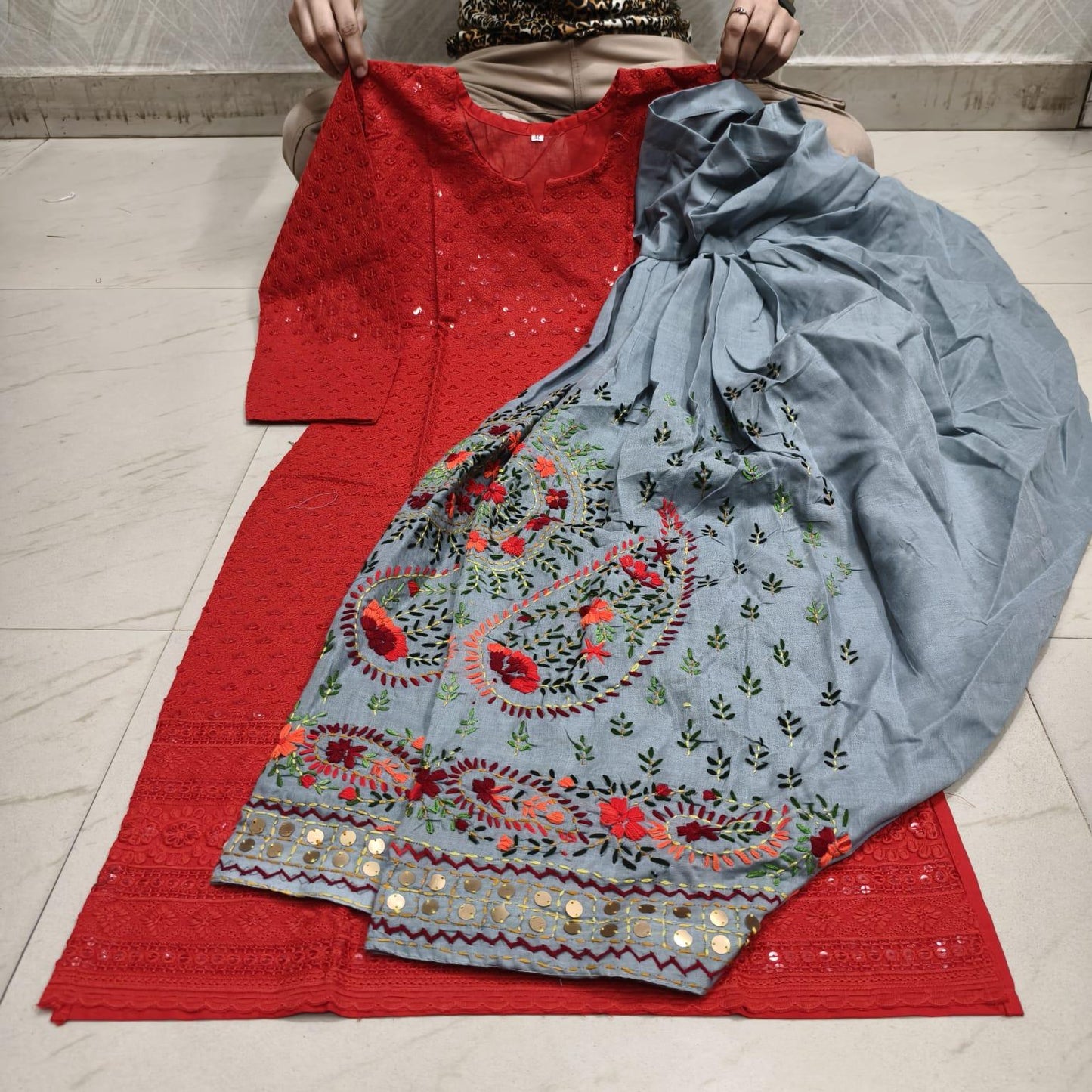 Red Beautiful Embroidered Phulkari Kantha Salwar & Chikankari Kurti Set - Inayakhan Shop
