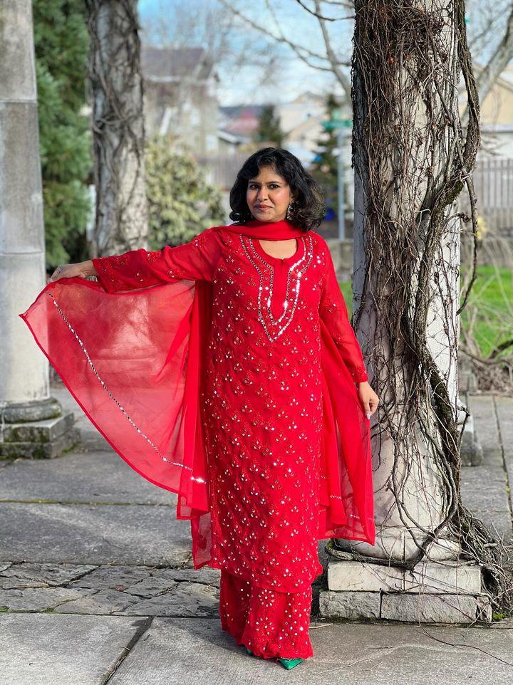 Red Best Seller Georgette Mirror Gala Booti Chikankari Set with Beautiful Handwork Embroidery - Inayakhan Shop