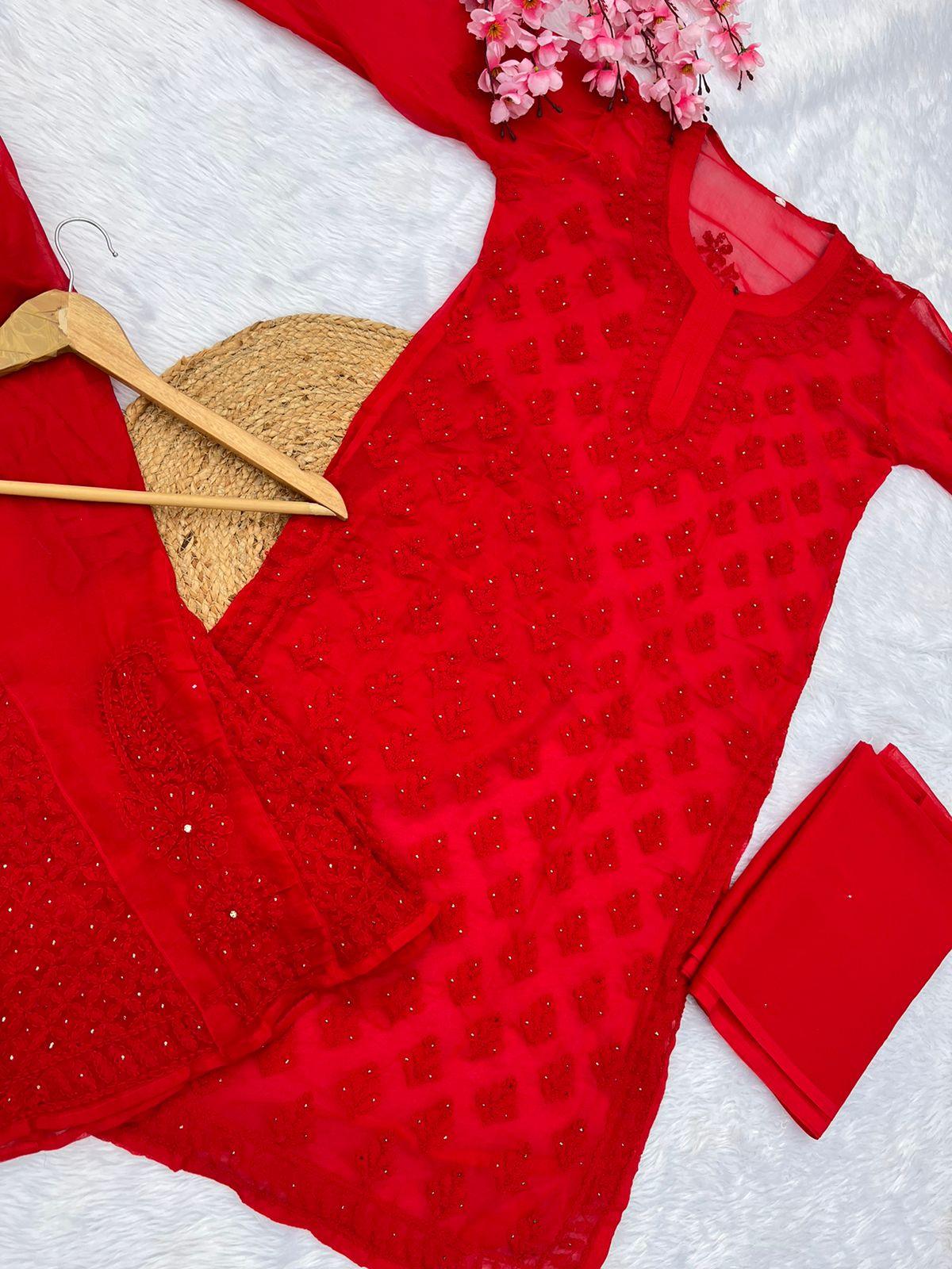 Red Celestial Chikankari Georgette Ensemble Mukesh Work 3 pc Set - Inayakhan Shop