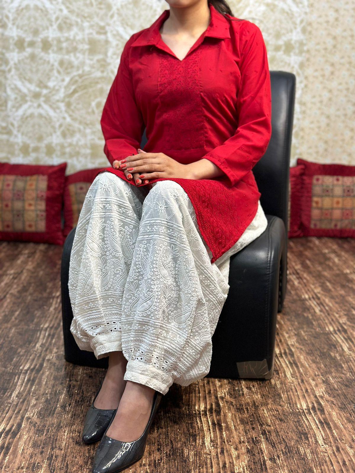 Red Collar neck chikankari kurta teamed up with chikankari Afghani salwar - Inayakhan Shop