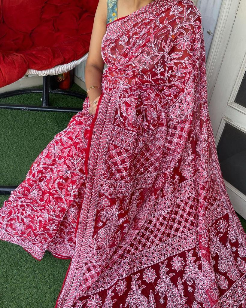 Red Color Full Jaal Chikankari Saree by Inayakhan - Inayakhan Shop
