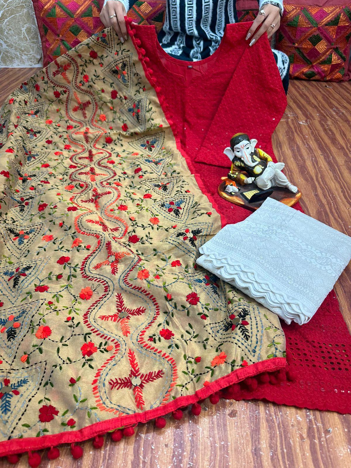 Red Design 2 Regal Charm Chikan Kurti Pom Pom Duppatta Set and Sharara - Inayakhan Shop