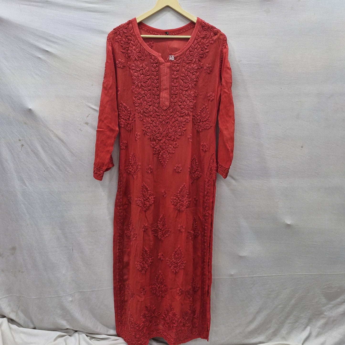Red Elegant Viscose Daman Designer 3D Chikankari Long Kurti - Inayakhan Shop