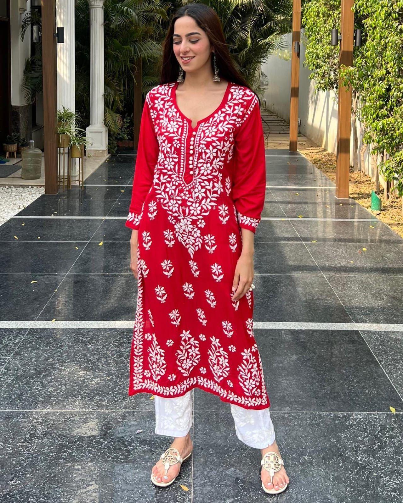 red kurta dress Red Handmade Chikankari Kurta Set: Lucknowi Crepe Dress
