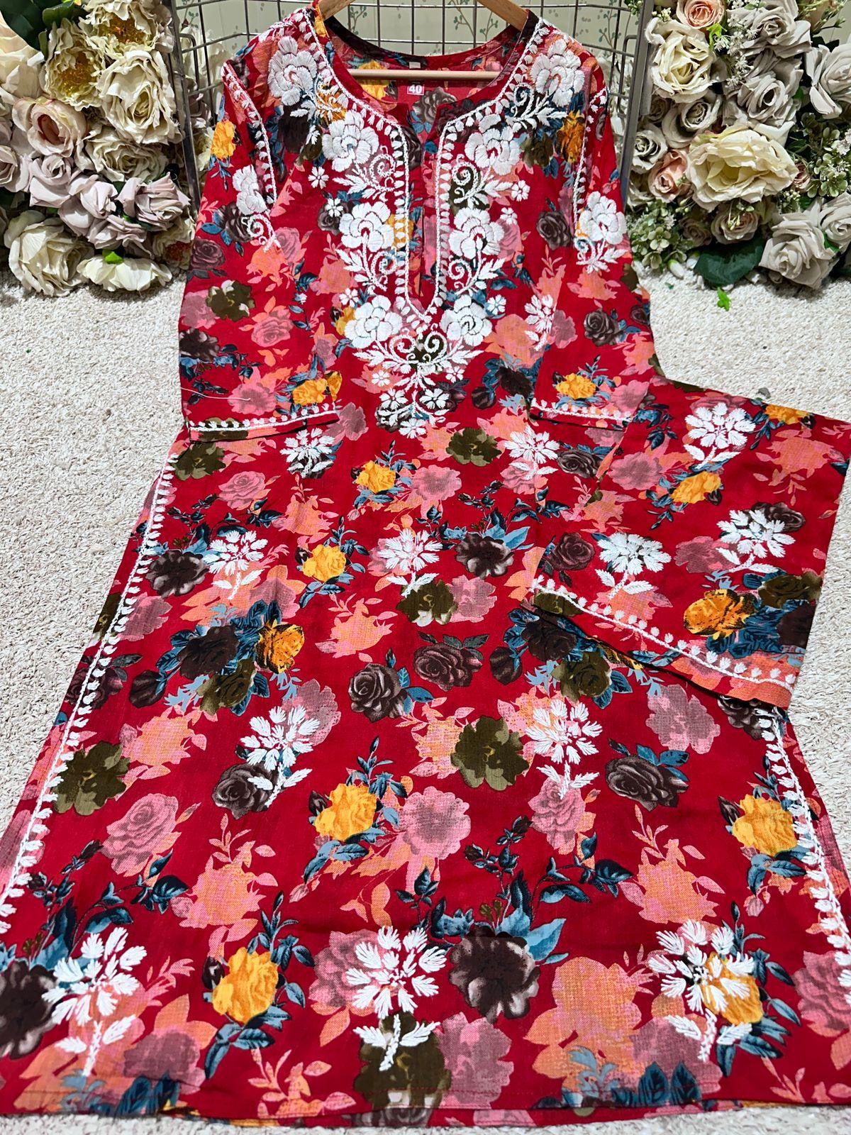 Red Floral Printed Mulmul Chikankari Palazzo Set - Inayakhan Shop