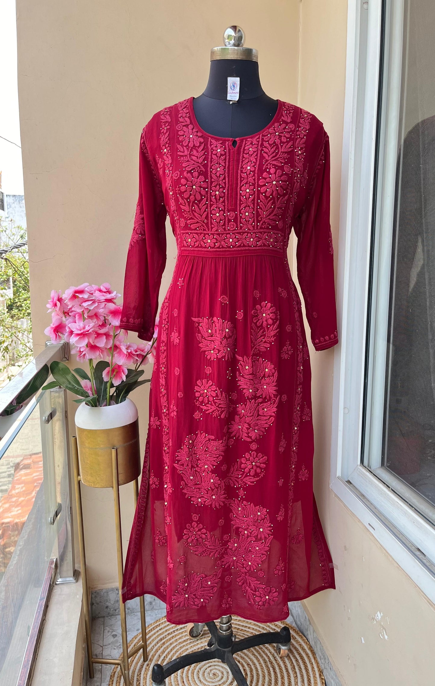 Red Premium Viscose Lucknow Chikankari Mukaish Hand Work Nyra Cut Kurti - Inayakhan Shop