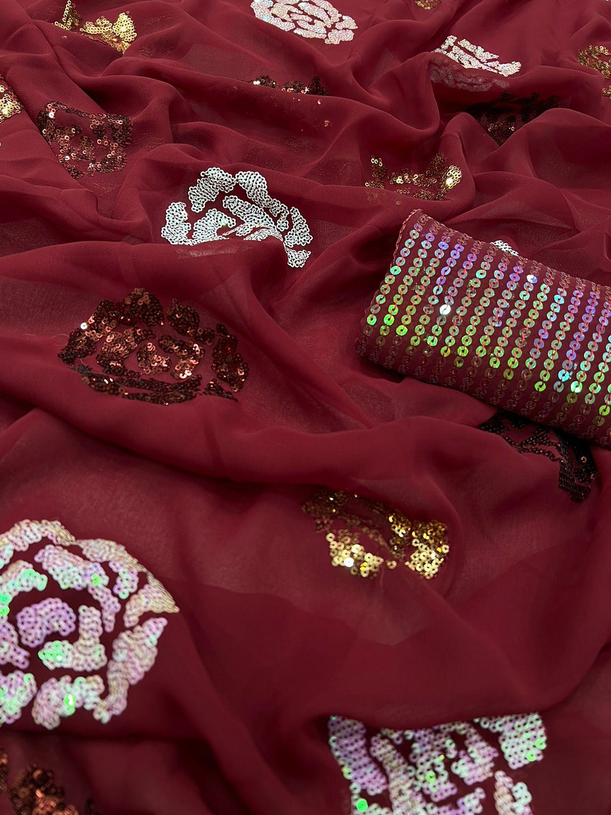 Red Stunning Heavy Georgette Saree with Fancy Sequins Embroidery - Inayakhan Shop