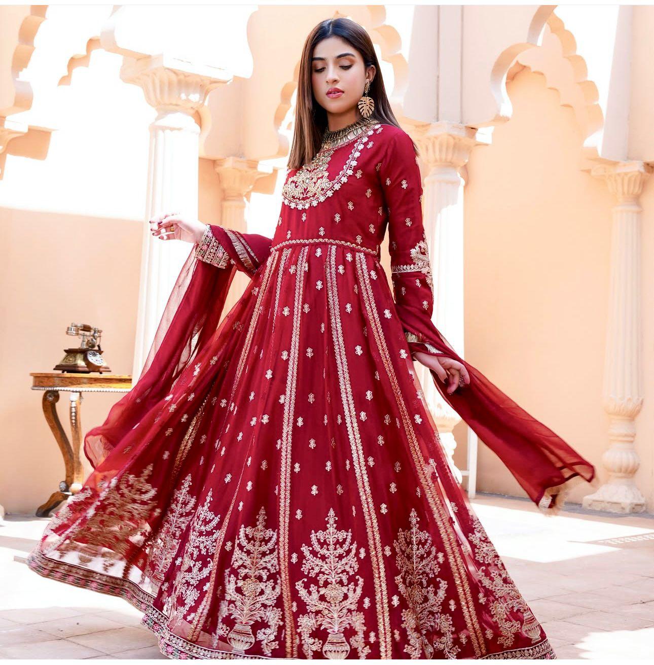 Vibrant Red Georgette Anarkali Suit | Ready to Wear L - 40 / Red / Georgette Vibrant Red Georgette Anarkali Suit | Ready to Wear L - 40 / Red / Georgette