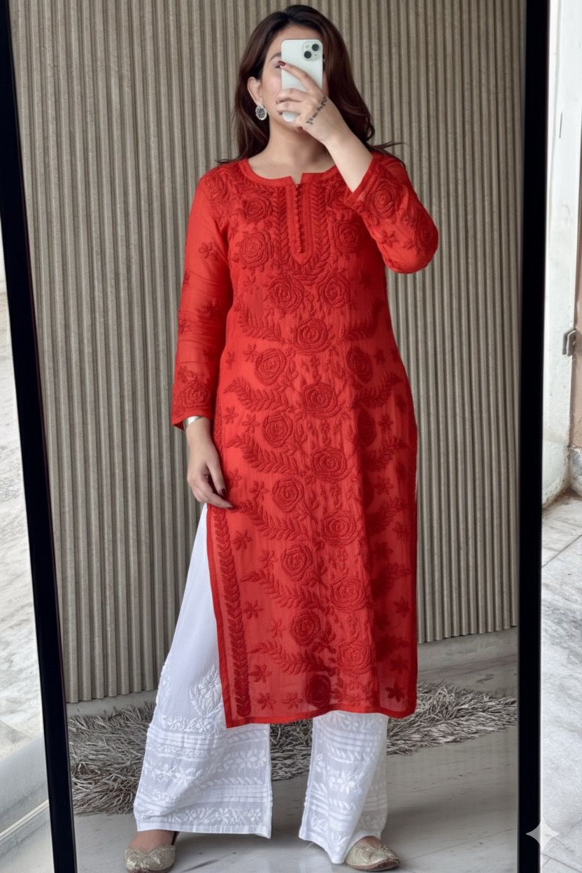 Red Lucknowi Chikankari Rose Viscose Georgette Kurta Set