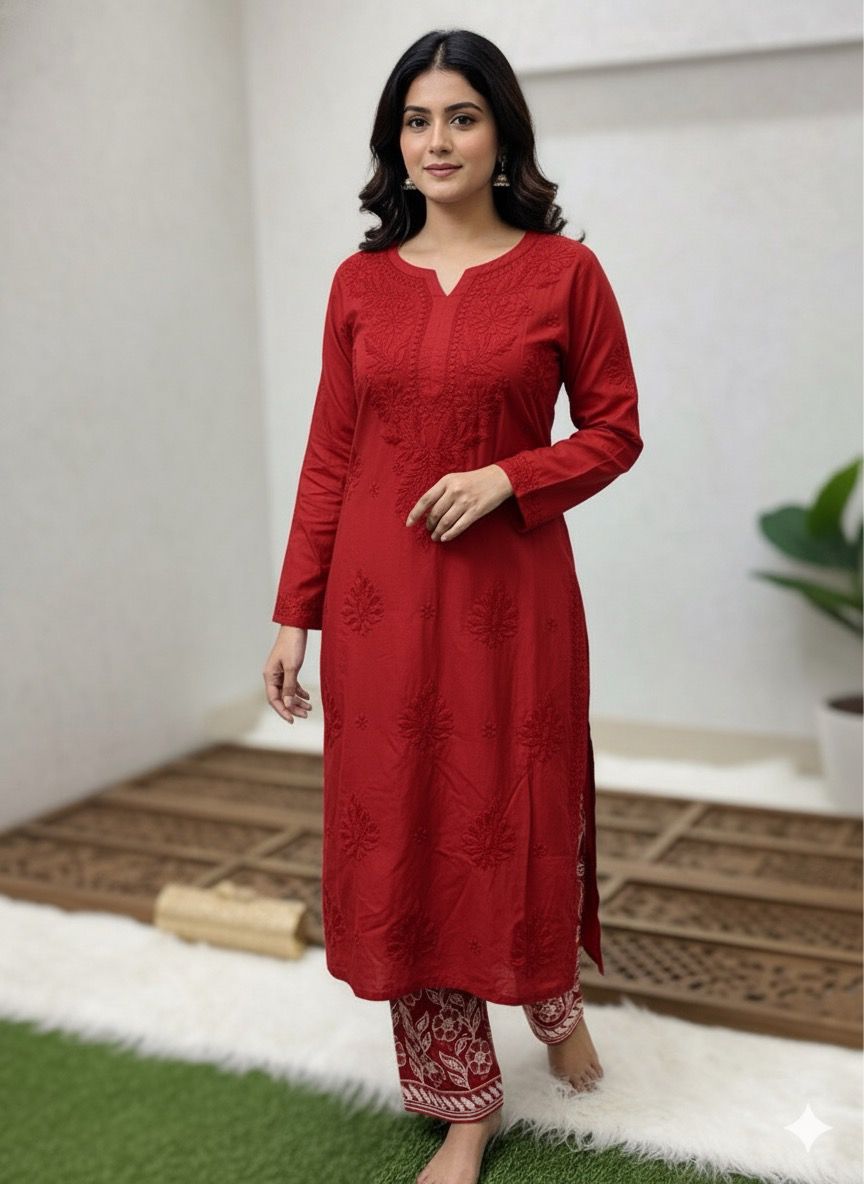 Red Lucknow Chikankari Handcrafted Muslin Kurti with Cutwork Embroidery Pant Set