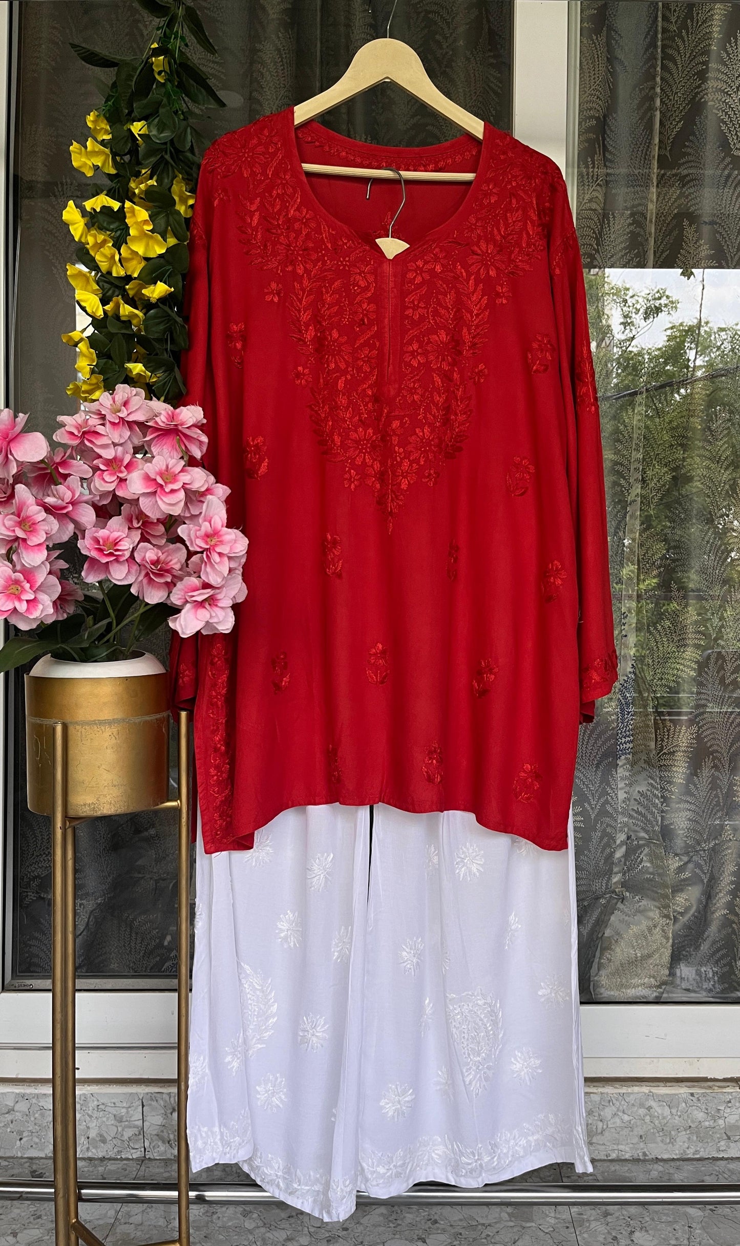 Red Lucknowi Chikankari Plus Size Premium Rayon Short Kurti & Pallazo Set ✨ (Upto 6 XL)