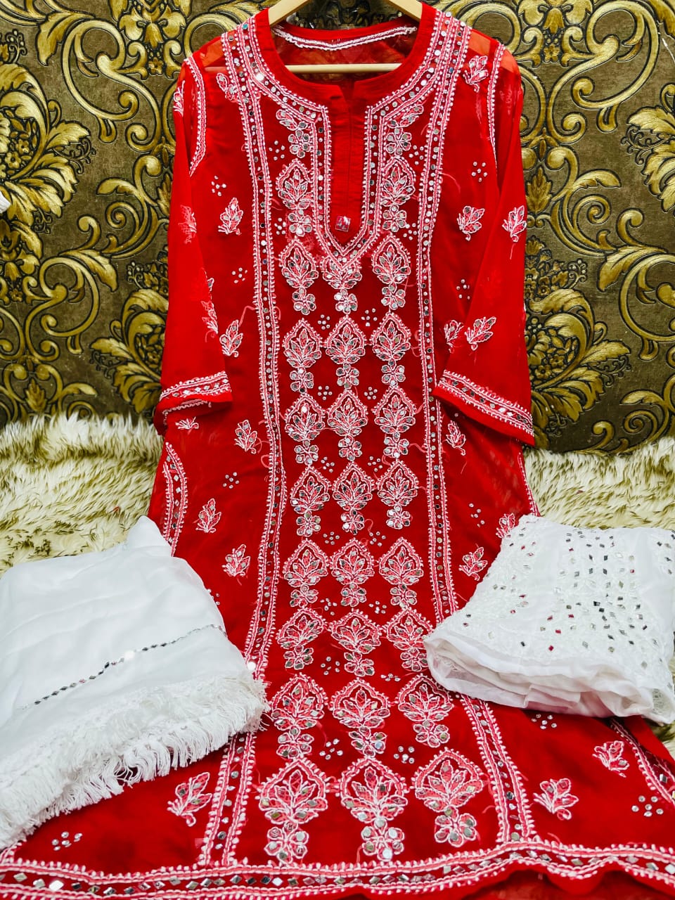 Red Handcrafted Lucknow Chikankari Mirror Sharara Set