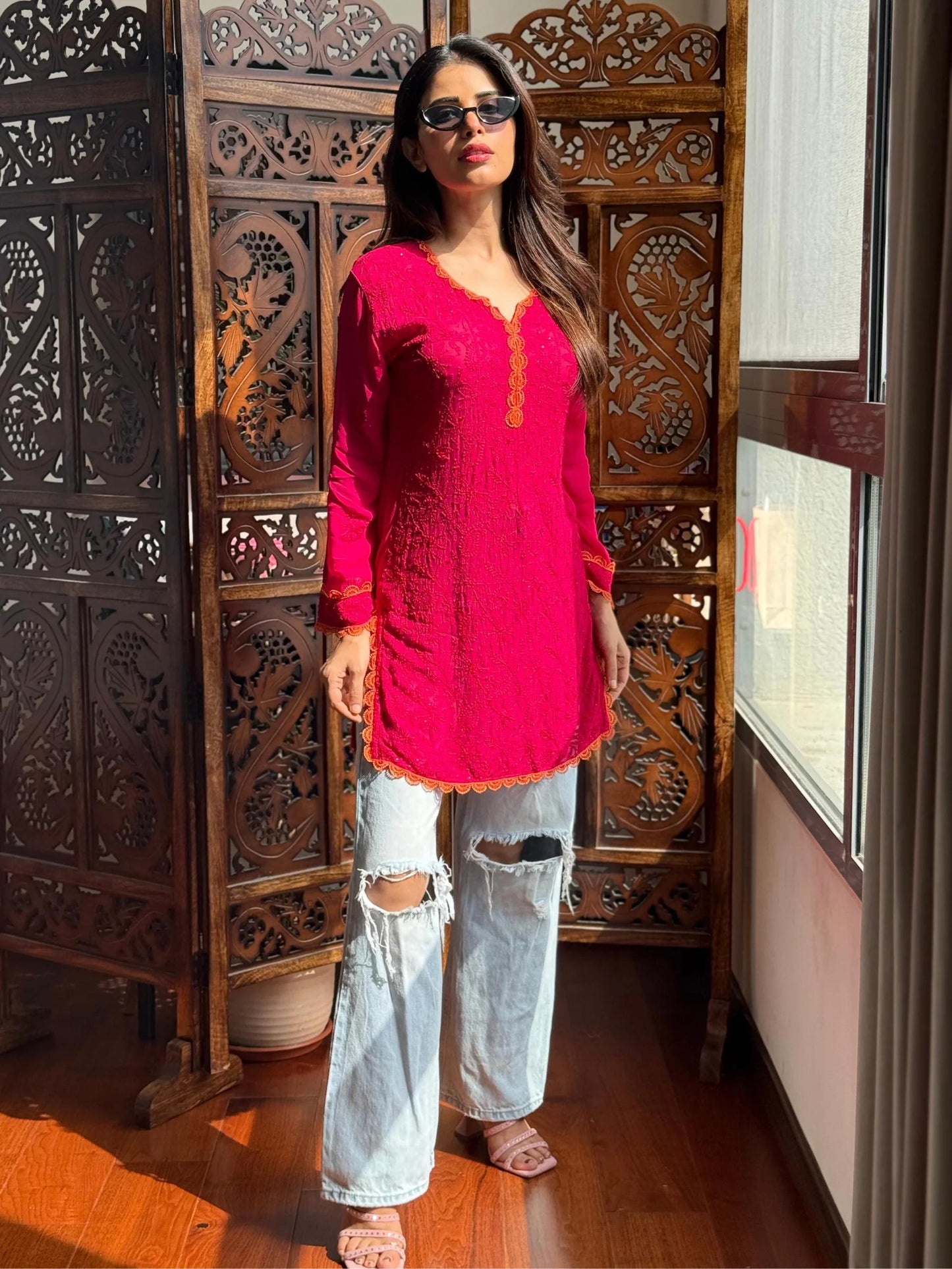 Red Premium Resham Viscose Jall Short Kurti