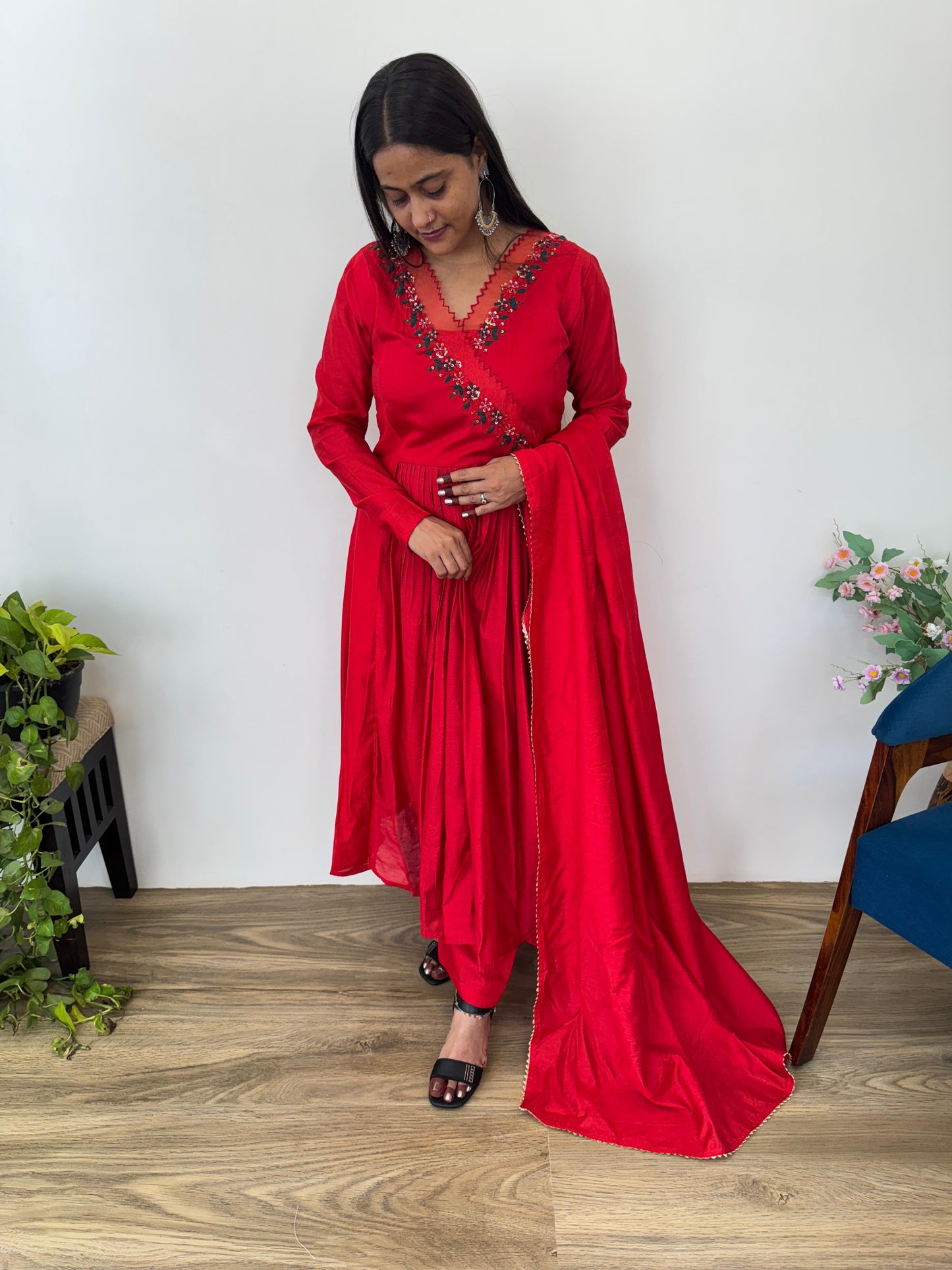 Gulnar Cherry Red Chanderi Anarkali Suit