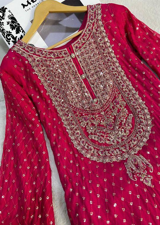 Red Designer Georgette Sequin Embroidered Sharara Suit Set
