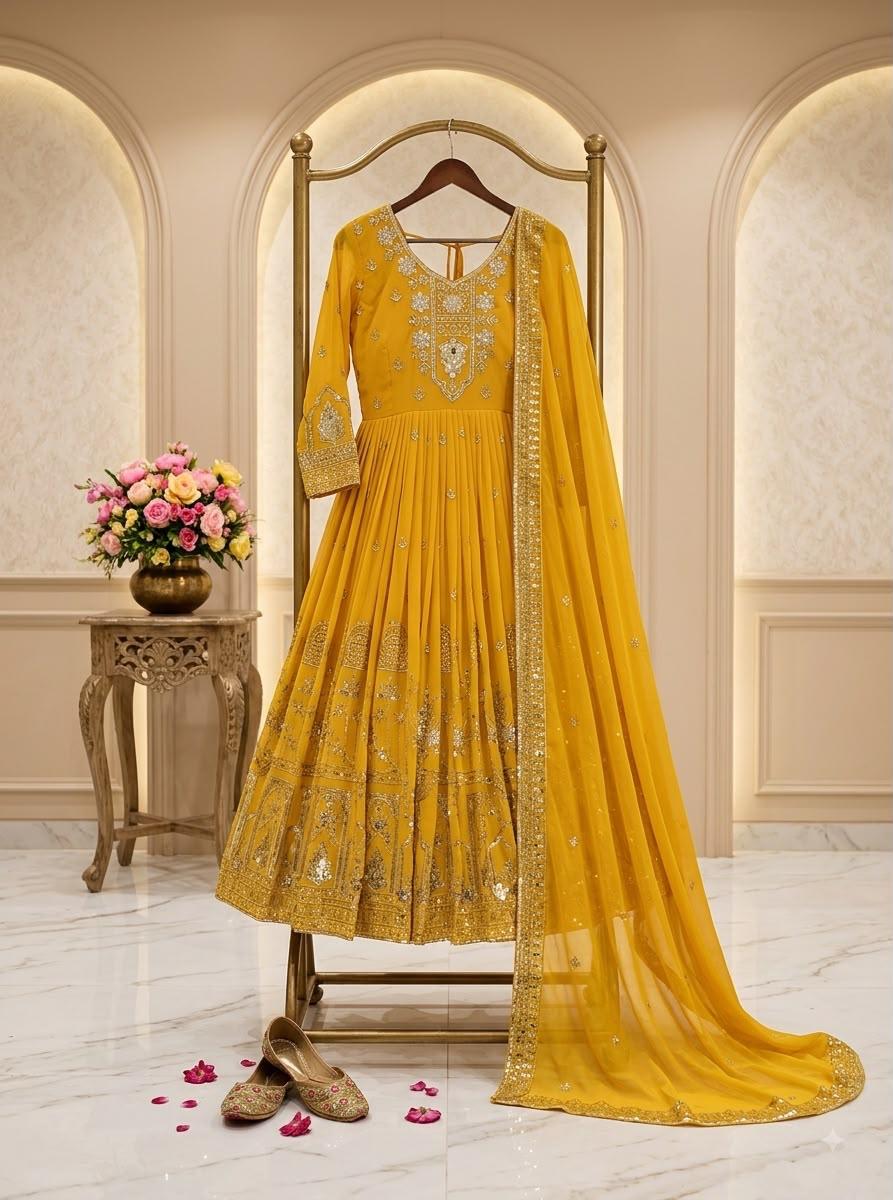 Mustard yellow Fox Georgette embroidered gown displayed with dupatta