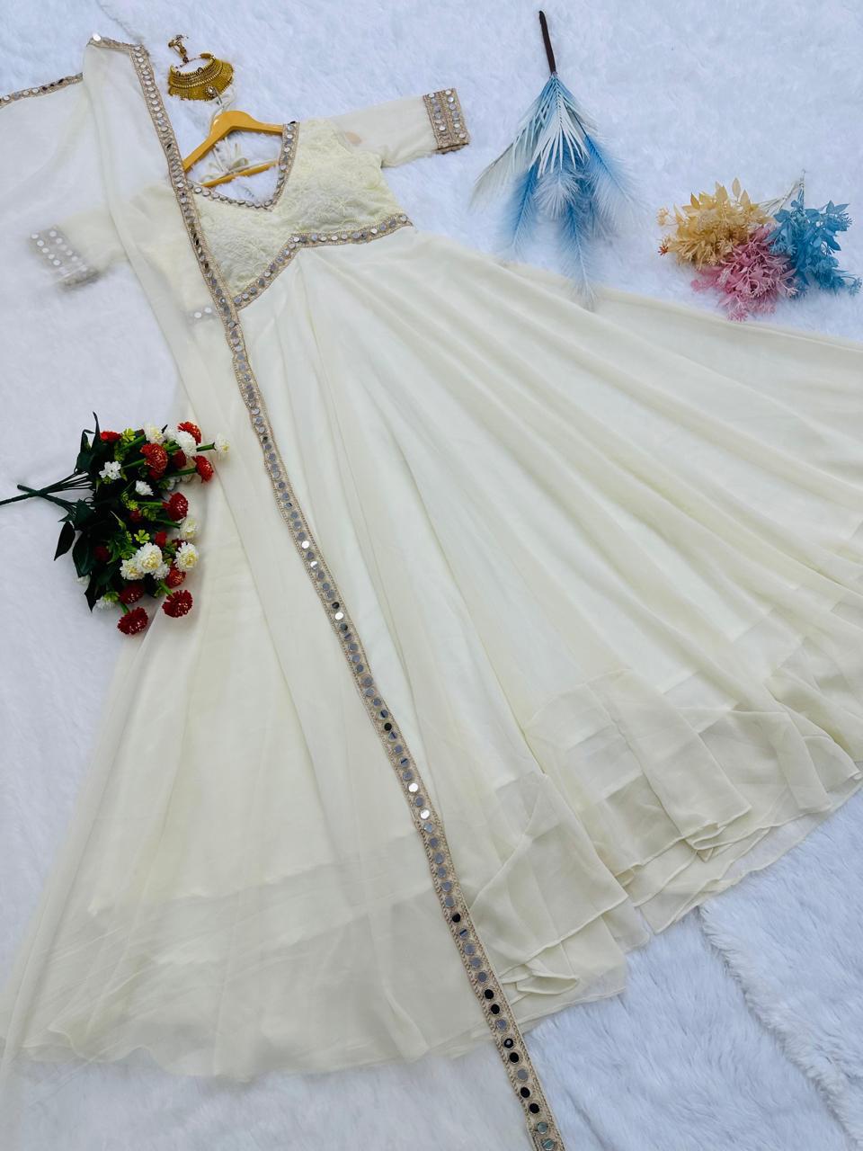 Off white designer Anarkali gown with embroidered mirror work dupatta