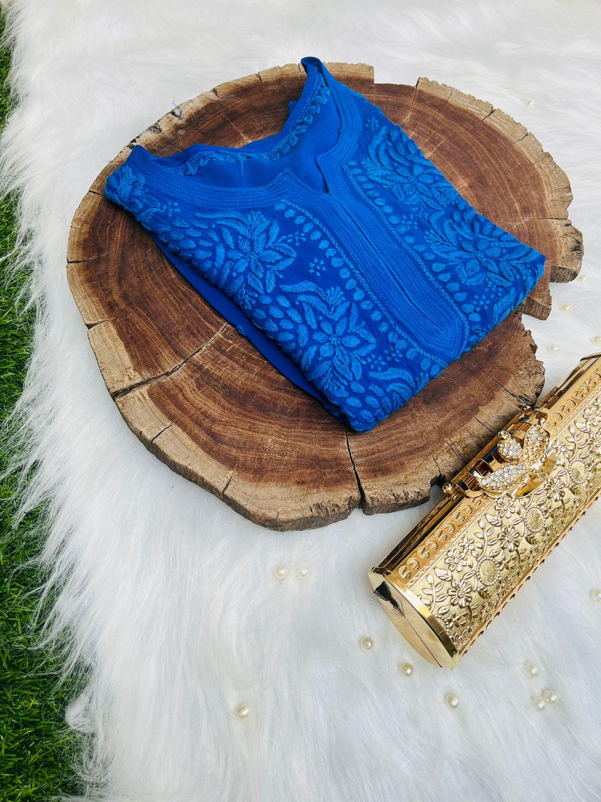 Royal Blue Chikankari Viscose Chic Short Top 3D work - Inayakhan Shop