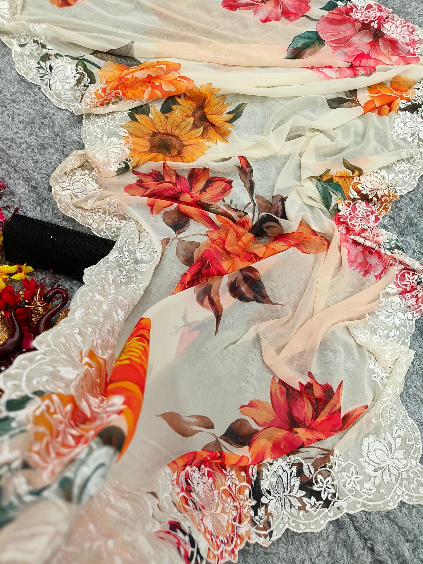 Royal Elegance Floral Print Georgette Saree with Embroidered Borders and Sequins Work Blouse - Inayakhan Shop