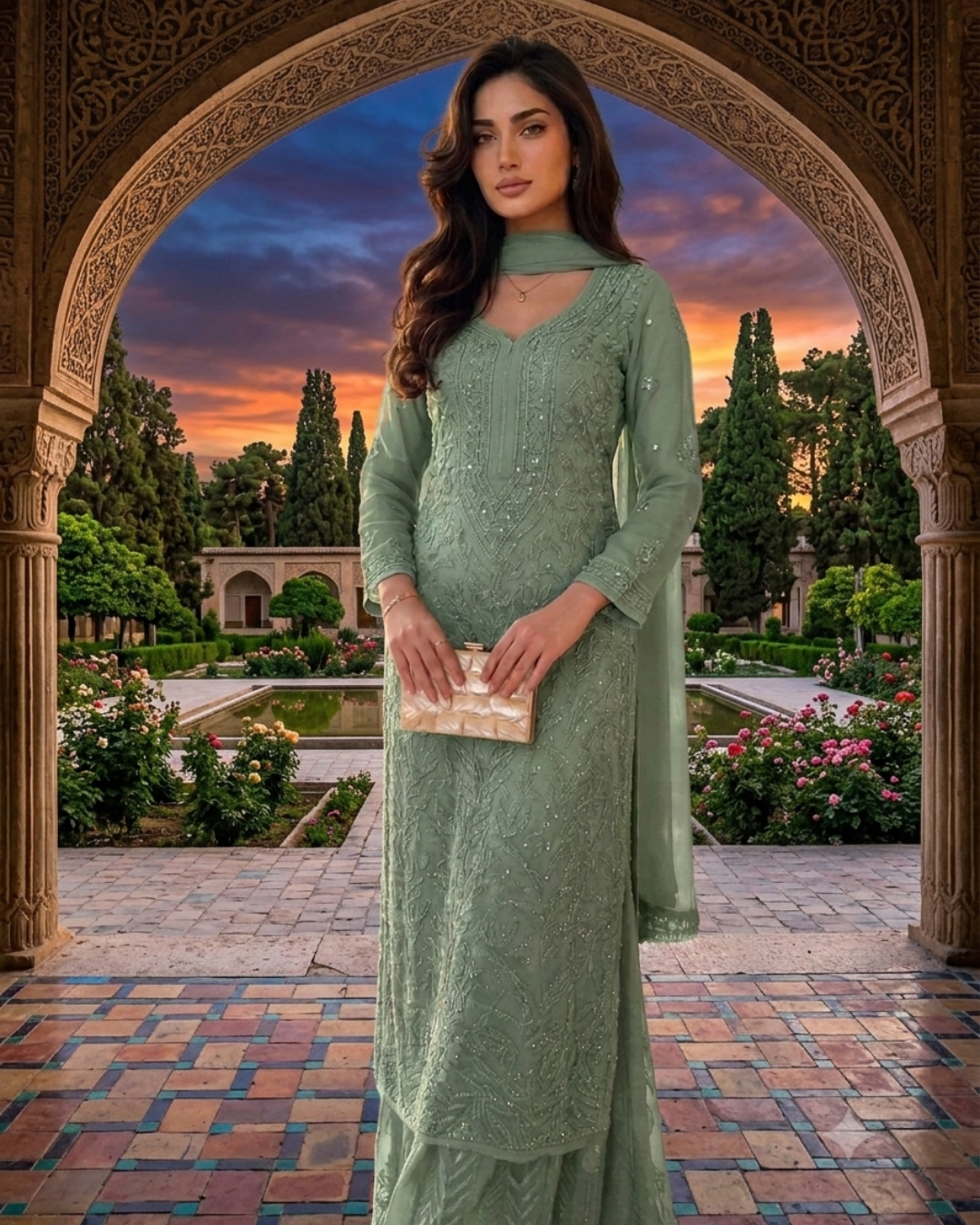 Sage Green Ethereal Viscose Chikankari & Mukaish Work Ensemble (Latest)