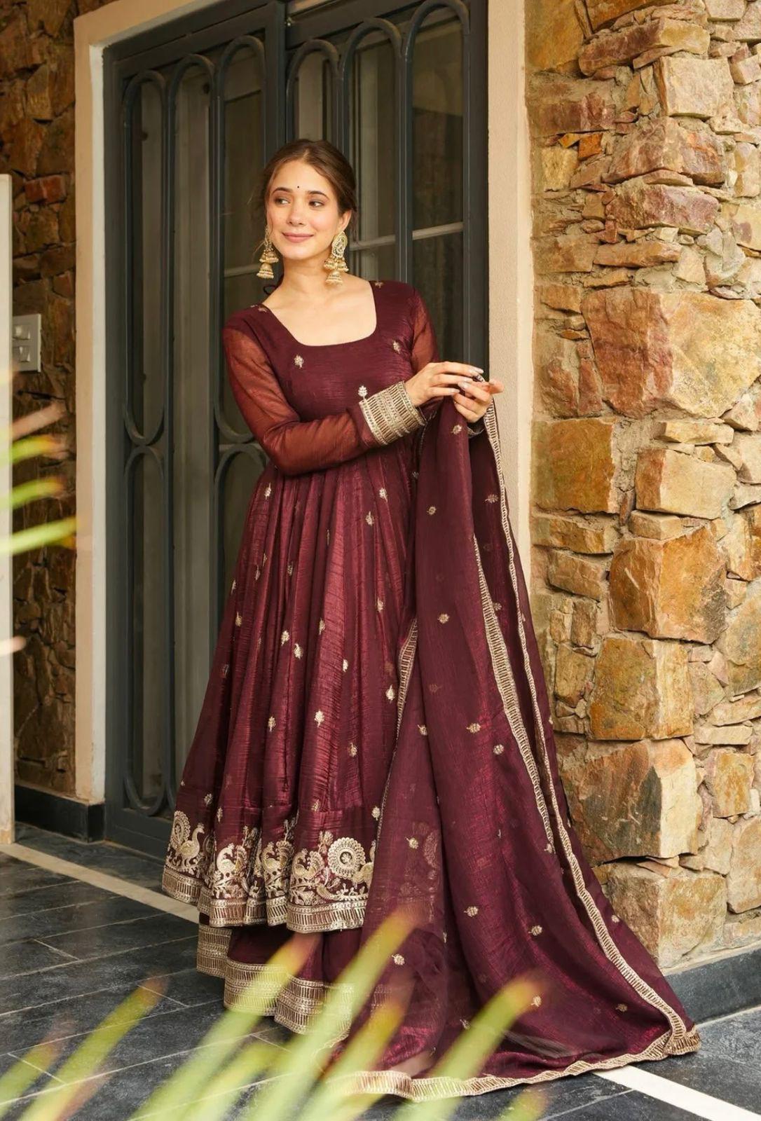 Dark Brown Embroidered Crunchy Silk Wide Flair Kameez and Sharara Set